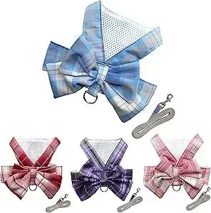 Plaid Dog Dress Bow Tie Harness Leash Set,Dog Clothes Harness Dress with Leash Ring for Small Dogs Girl, Puppy Princess Rabbit C