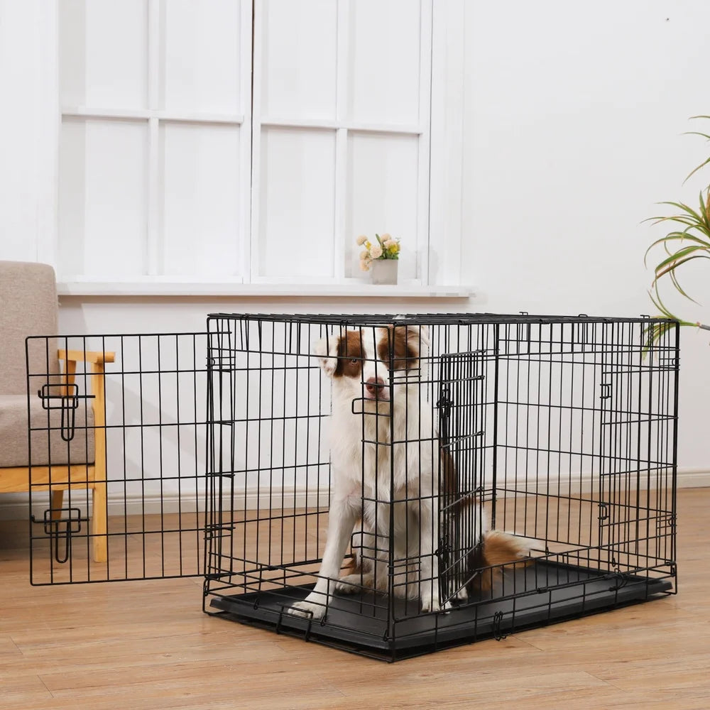 36inch Double-Door Foldable Metal Dog Crate with Tray Divider Heavy-Duty Wire Kennel Large Dogs Easy Assembly Transport