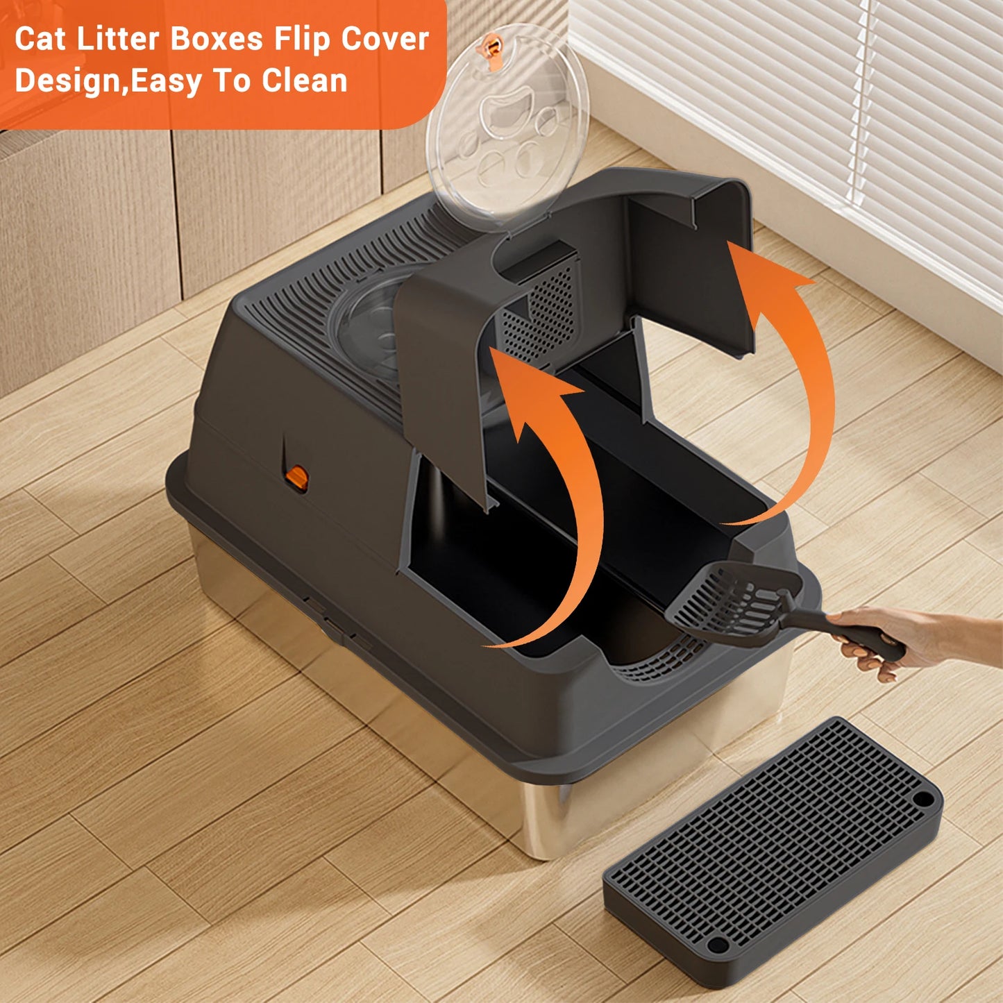 Stainless Steel Cat Litter Box with Lid Large Enclosed High Sided Litter Box Carbon Filters Easy Cleaning Anti-Urine Leakage