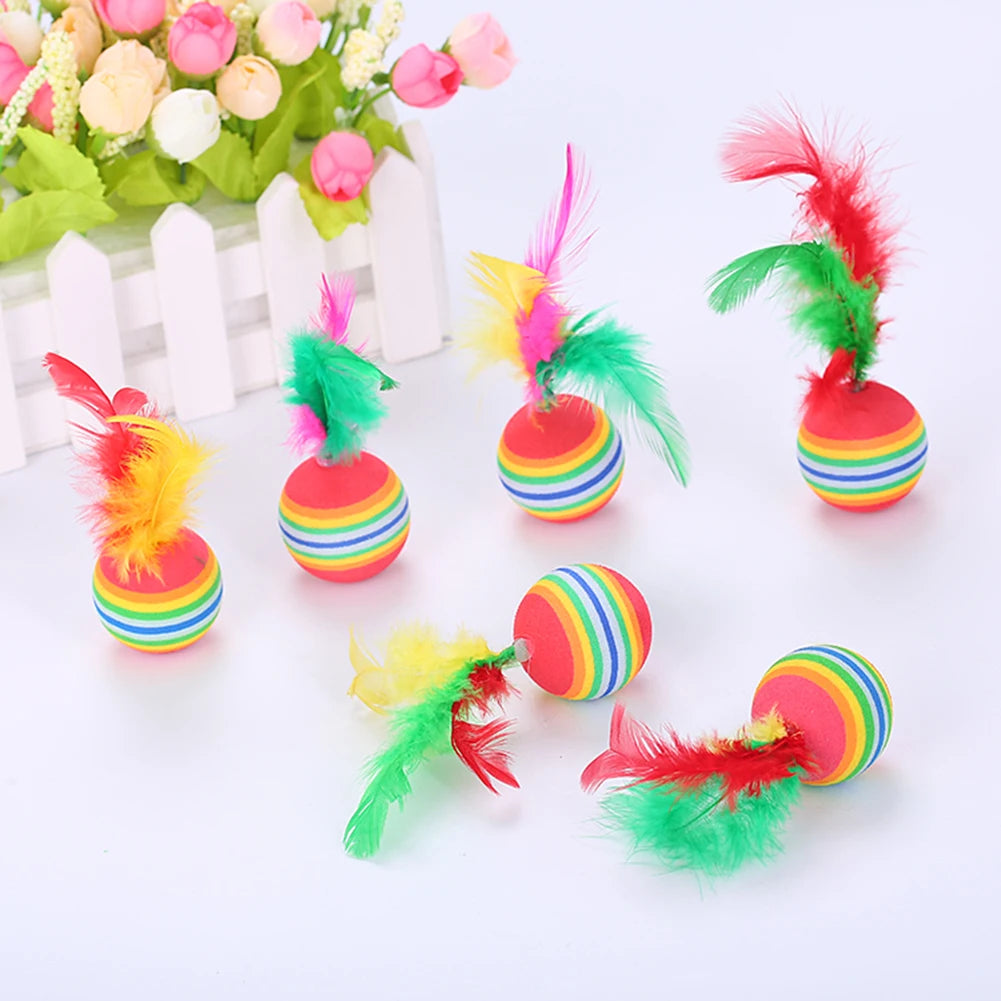 12pcs Kitten Colored Rainbow Toy Balls Lovely Teasing Toy with Feather for Cats