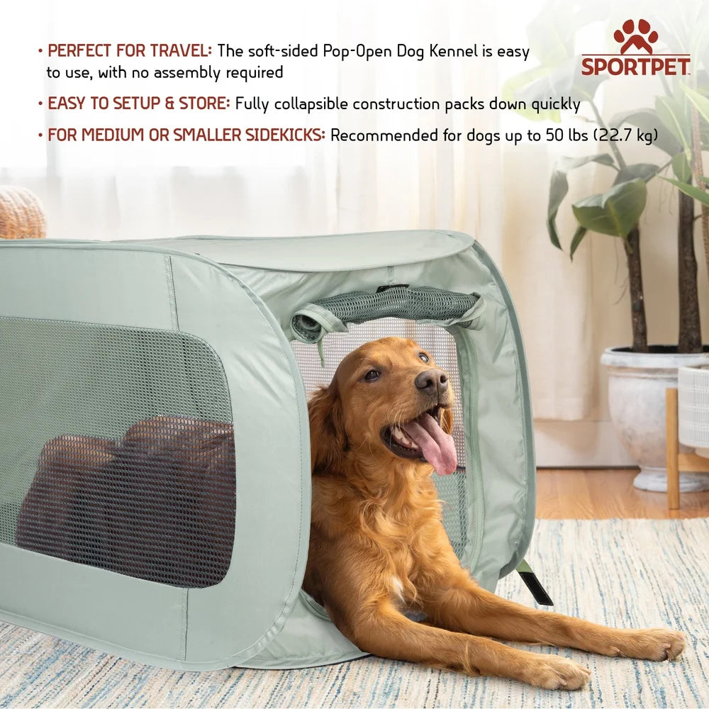 Soft Sided Pop Open Pet Kennel Medium Dogs Cats Travel Portable Collapsible Mesh Ventilation Easy Setup Carry Case